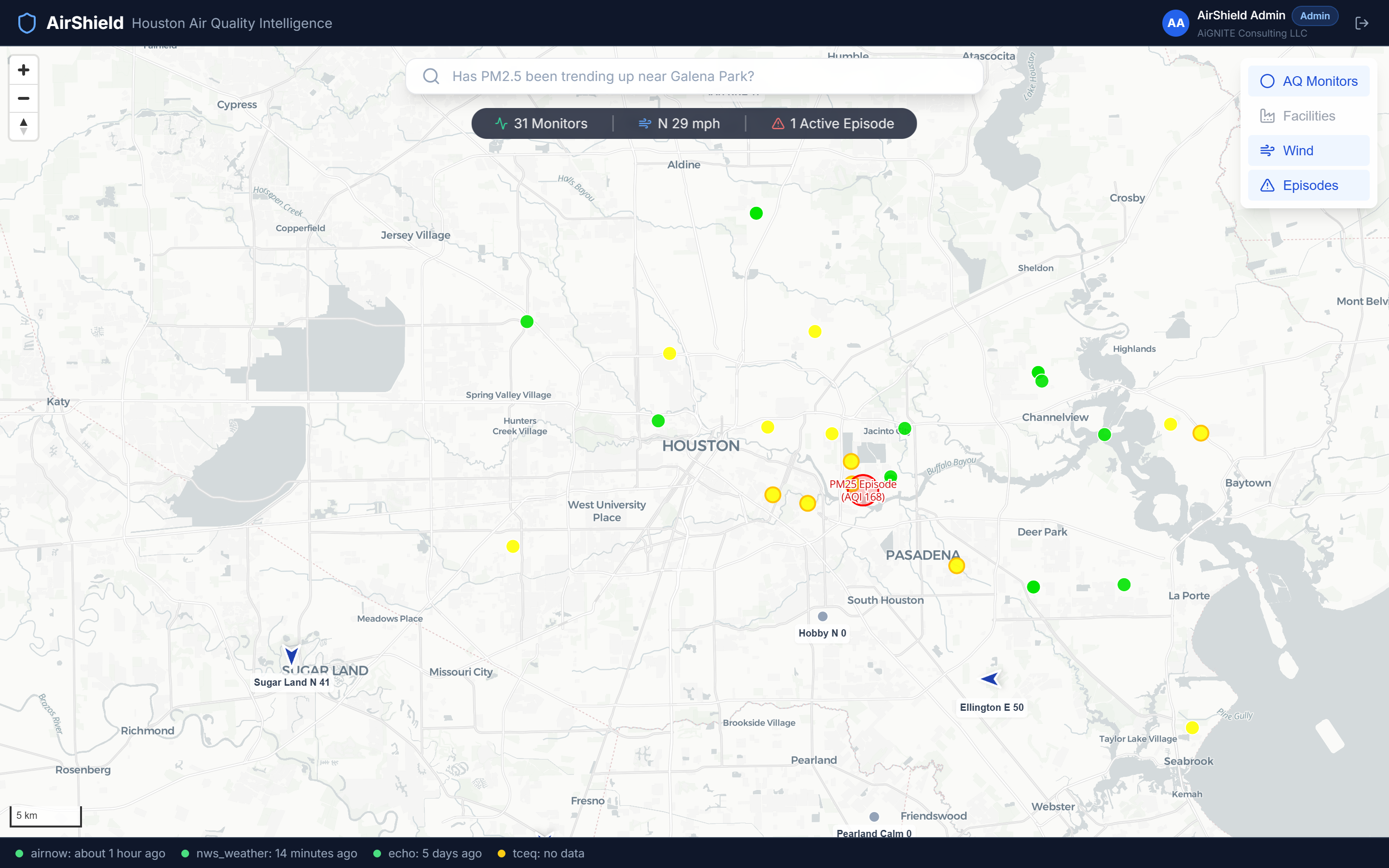 AirShield facility compliance scorecard showing grade badge, score breakdown, violation timeline, and ECHO compliance history