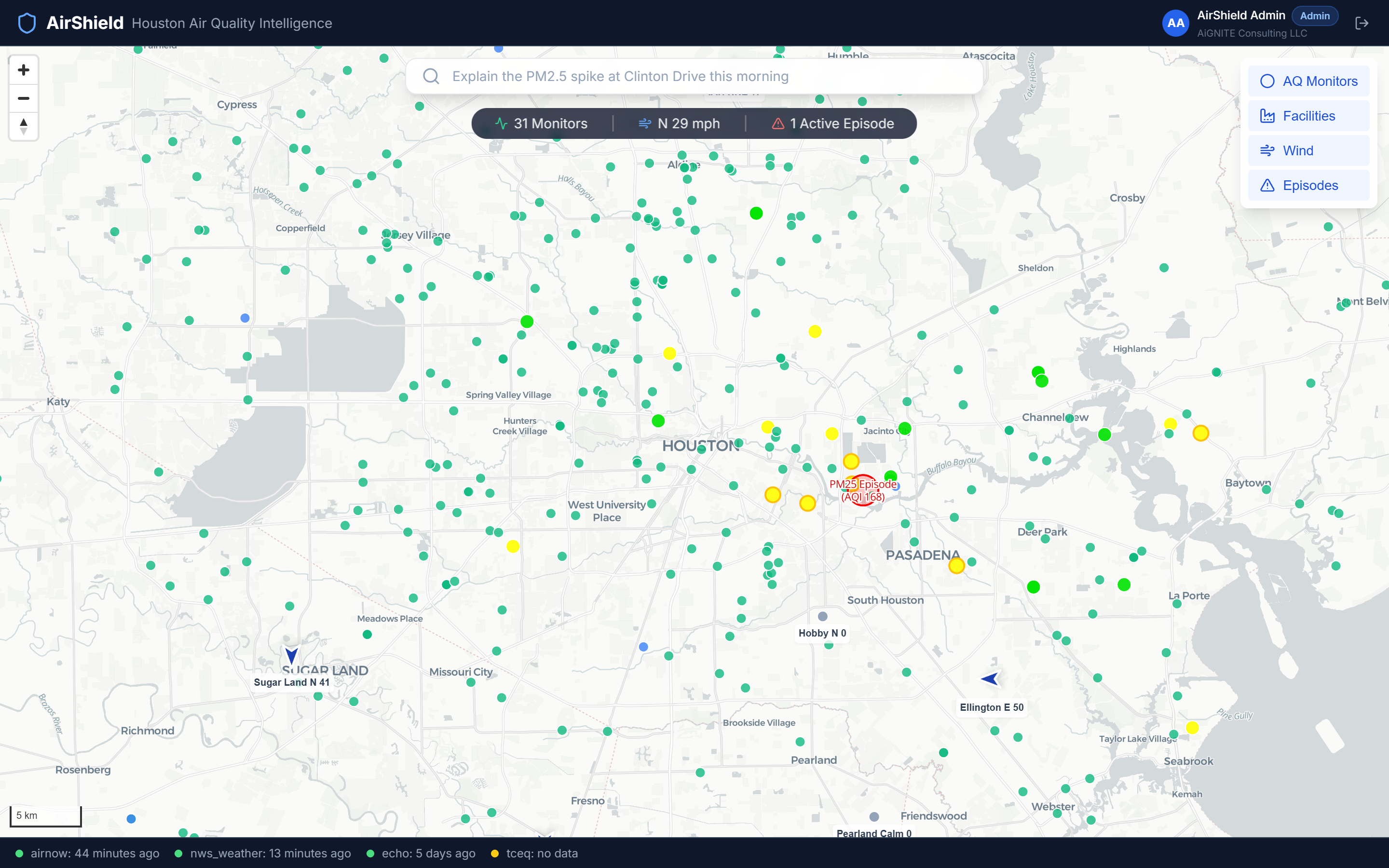 AirShield real-time air quality map showing AQ monitor markers color-coded by AQI, ECHO facility markers, and wind direction arrows across Houston metro