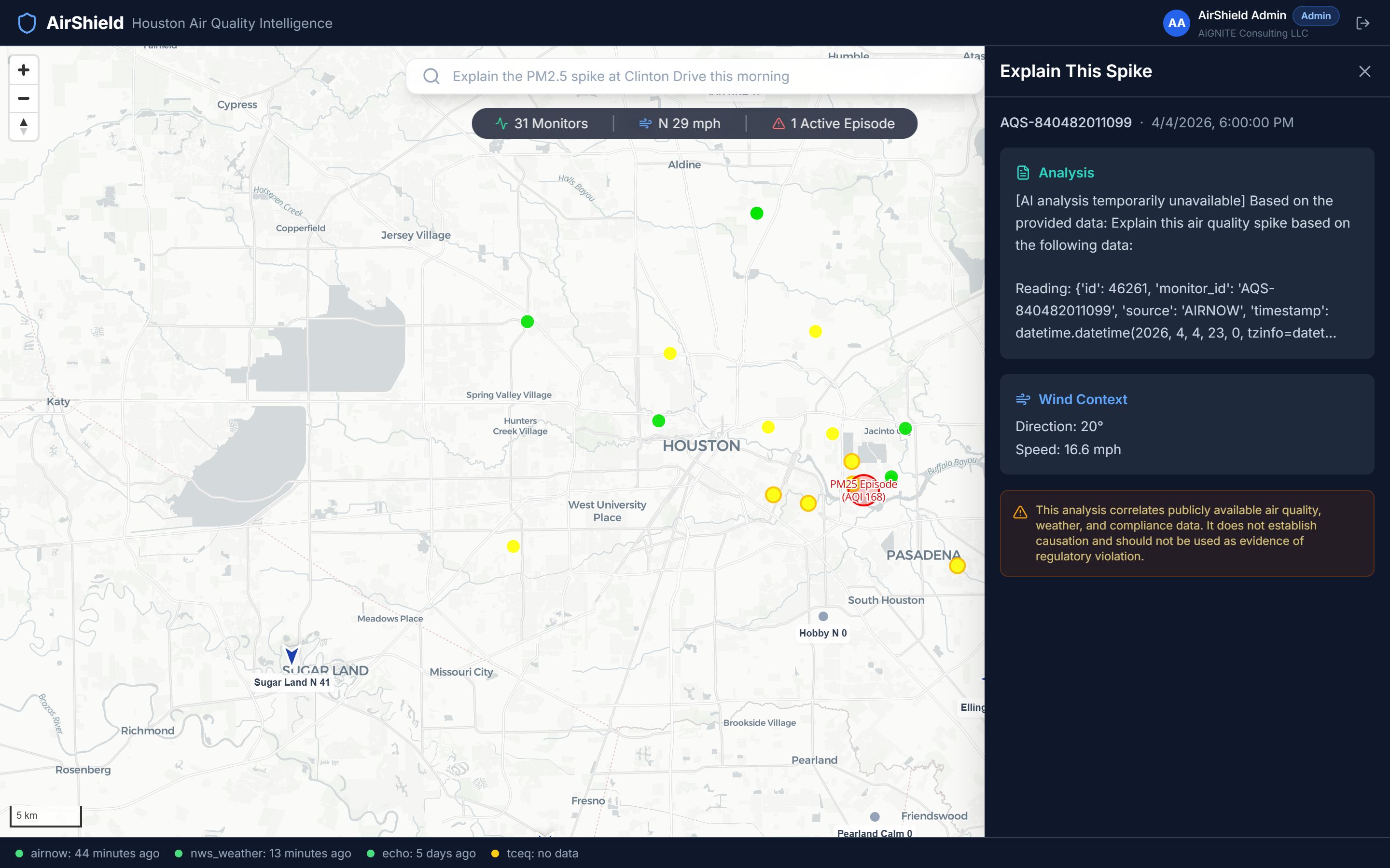 AirShield Explain This Spike panel showing cited narrative with wind conditions, upwind facilities, compliance history, and causation caveat