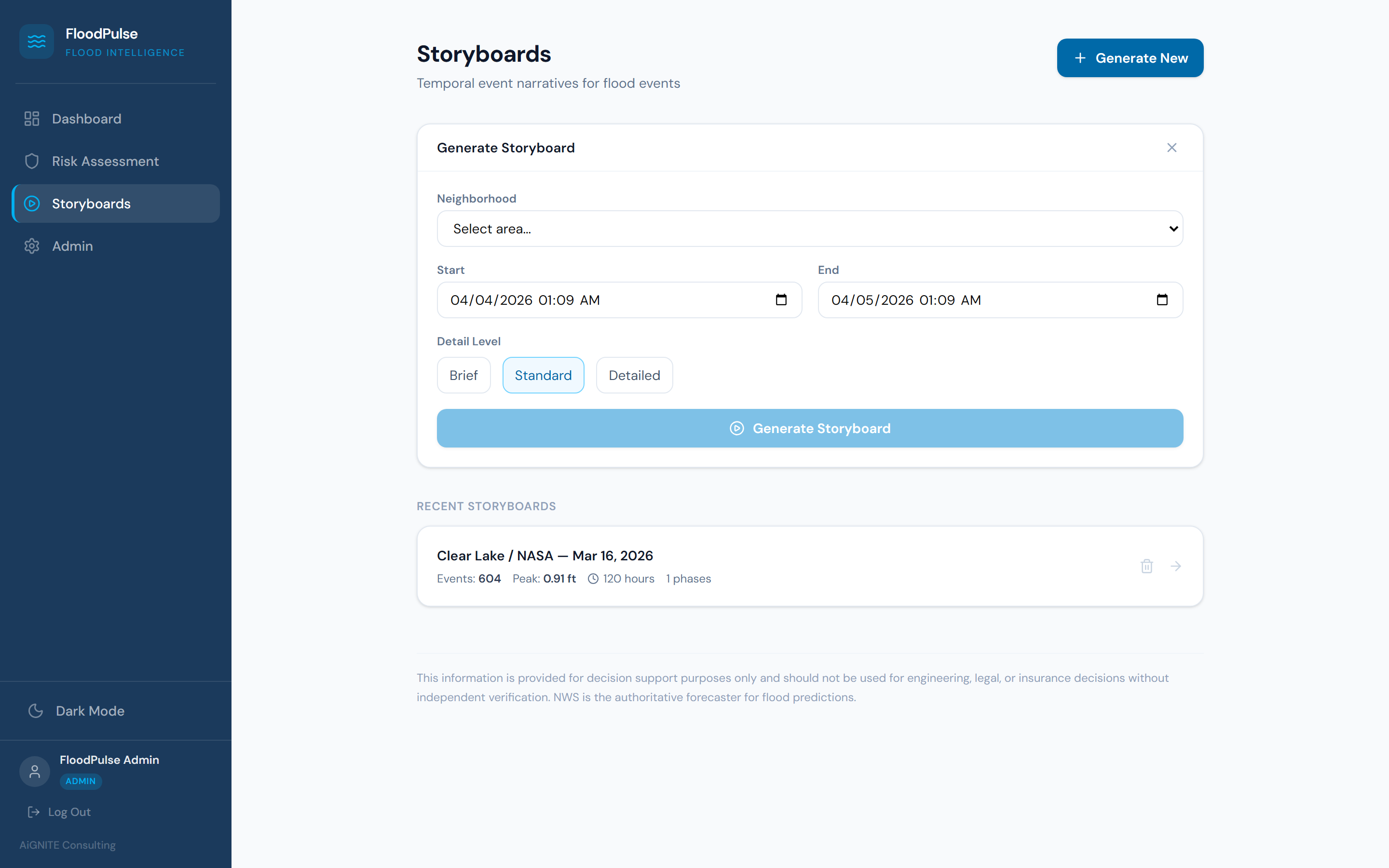 FloodPulse post-event storyboard showing 5-phase chronological flood narrative with citations